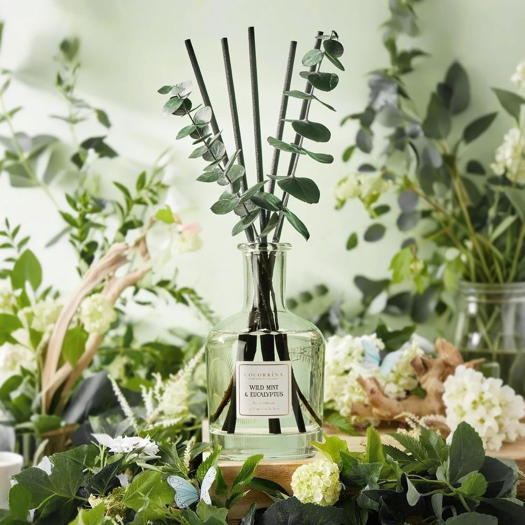 Wild Mint & Eucalyptus Reed Diffuser – 6.76 Oz Essential Oil With 8 Reeds & Real Eucalyptus Sticks, Home Fragrance For Bedroom Or Bathroom Décor