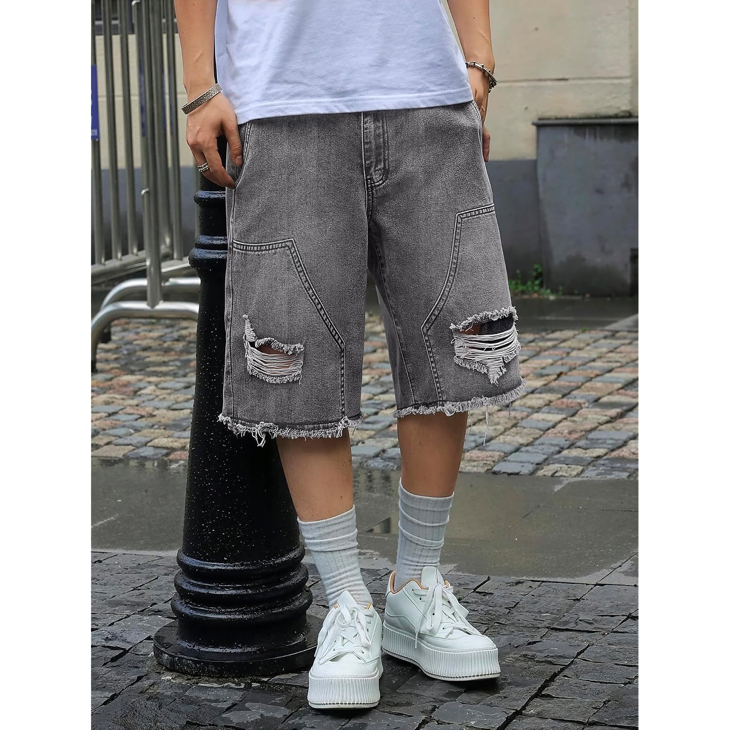 Mens Y2K Carpenter Baggy Jean Shorts, Ripped Jorts Wide Leg, Distressed Cargo Long Denim Shorts Loose Fit Streetwear Summer