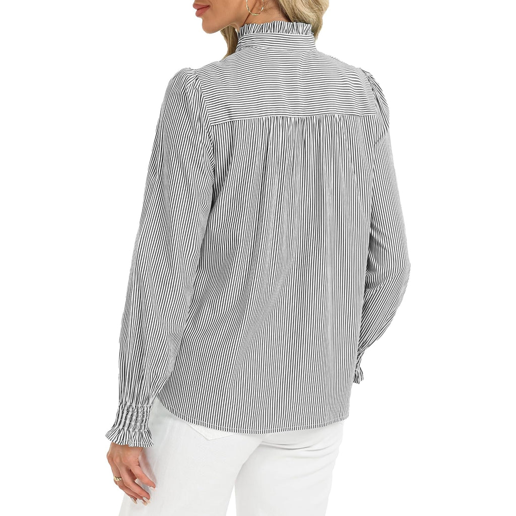 Funlingo Women'S Striped Button Down Shirts Long Sleeve Smocked Cuffed Ruffle Collar Blouses Spring Work Business Casual Tops