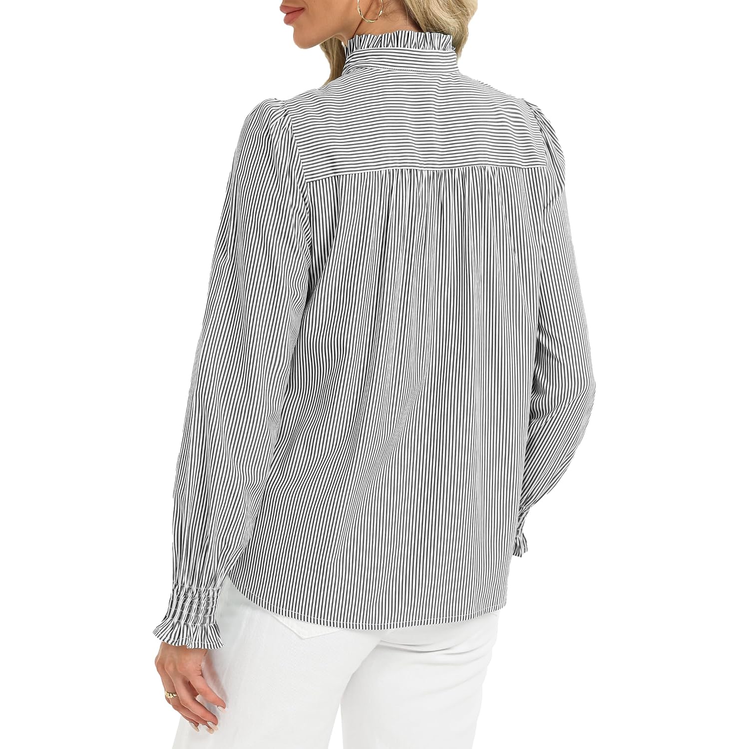 Funlingo Women'S Striped Button Down Shirts Long Sleeve Smocked Cuffed Ruffle Collar Blouses Spring Work Business Casual Tops