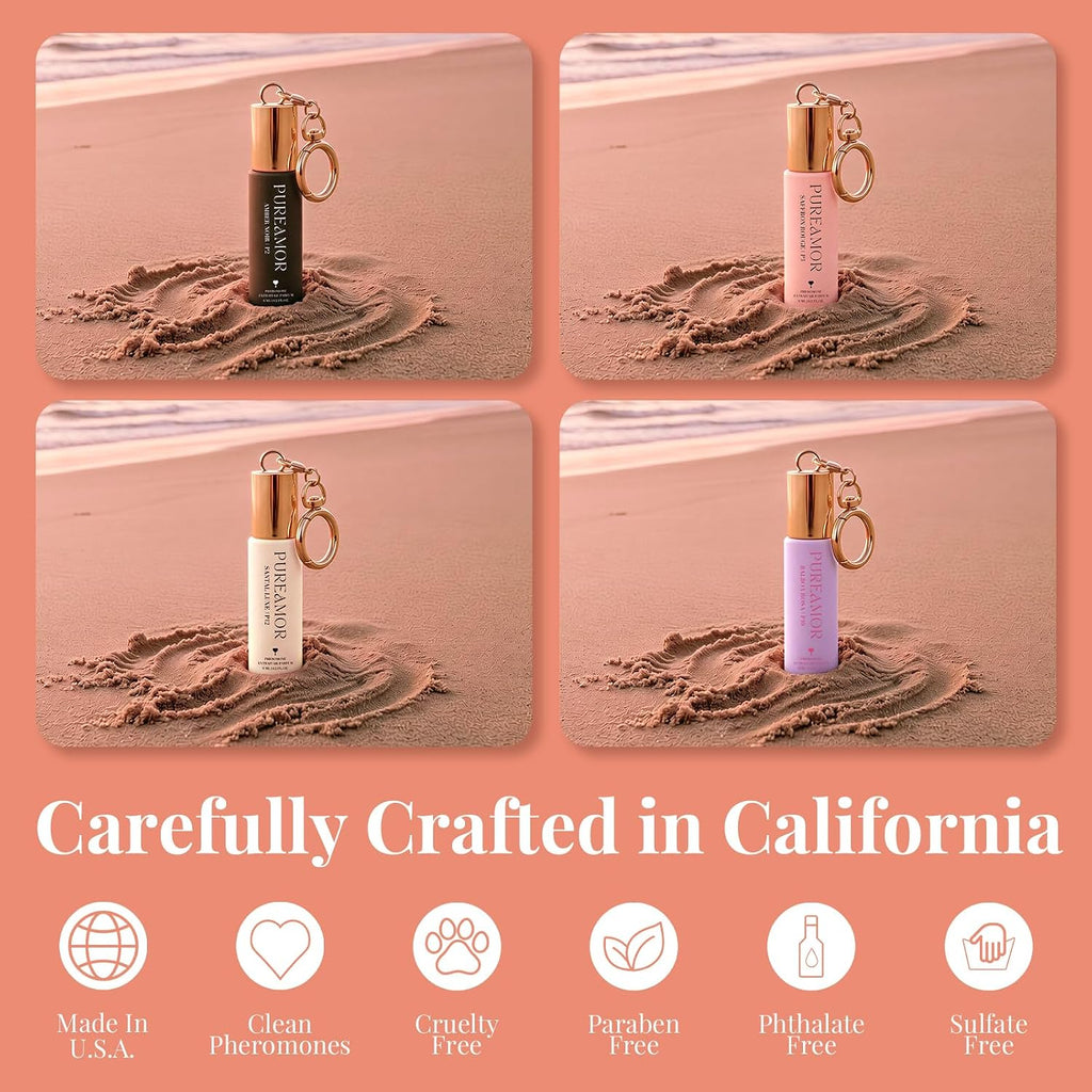 Pheromone Perfume For Women, Woody & Floral 4-Piece Keychain Set – Amber Noir, Saffron Rouge, Balboa Rosa & Santal Luxe, 30% High Conc, Long Lasting Roll-On, 0.2 Oz / 6 Ml Each