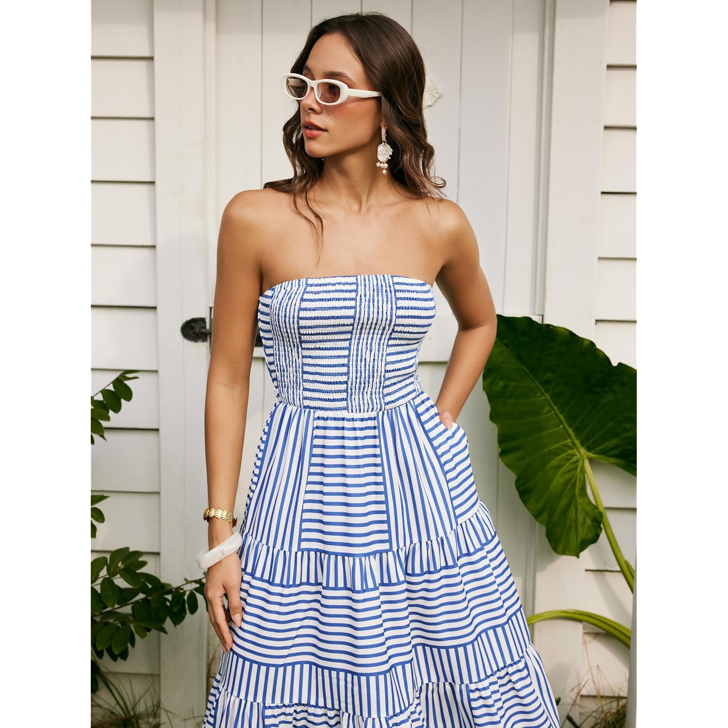 Cider Women'S Strapless Dress With Pockets Tube Striped Long Midi Dresses A Line Beach Vacation Casual Summer Outfits