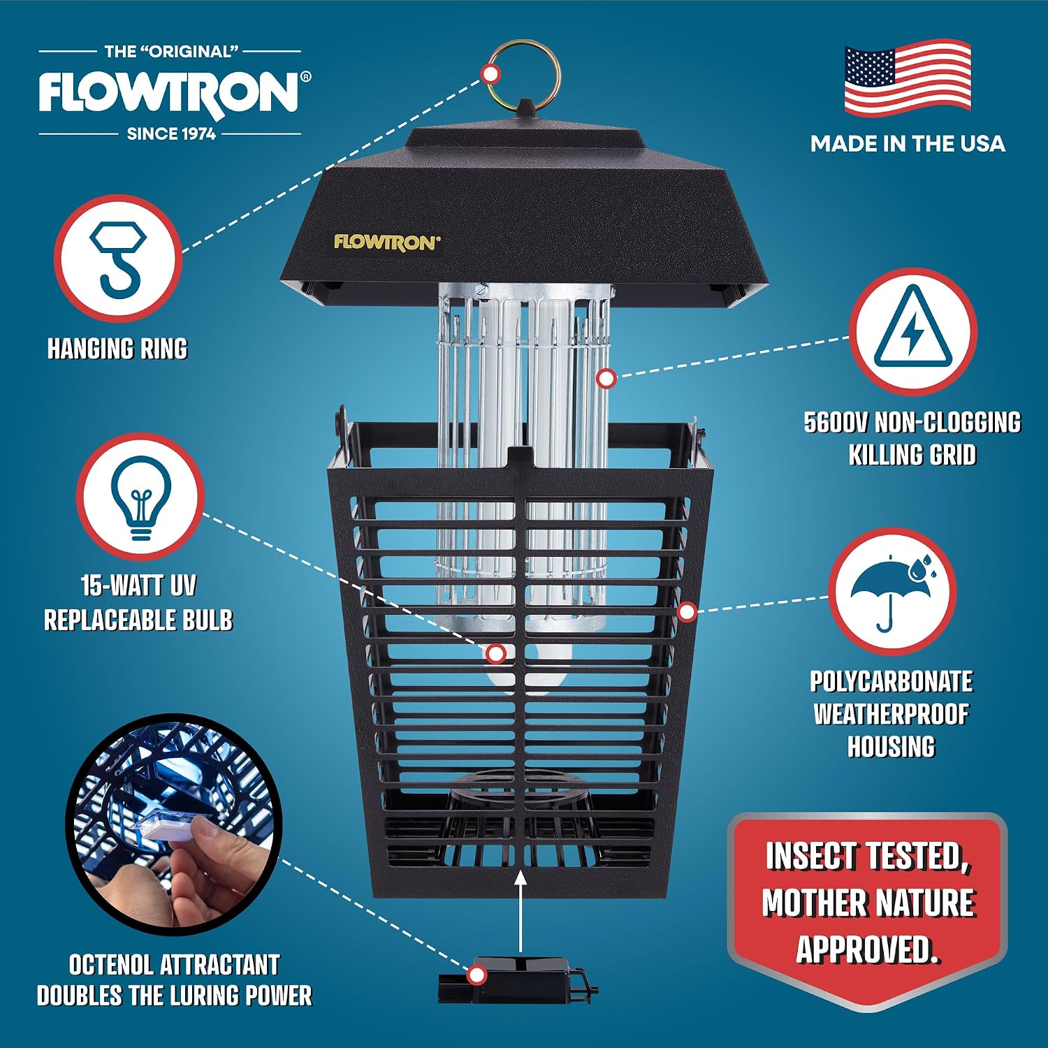 Flowtron Electric Bug Zapper, 1/2 Acre Outdoor, 15W Uv, 5600V, Octenol Lure | Enjoy Mosquito-Free Evenings Outdoors - Uv Light And Octenol Lure Eliminates Flies, Gnats, And Beetles - Ul And Etl Certified