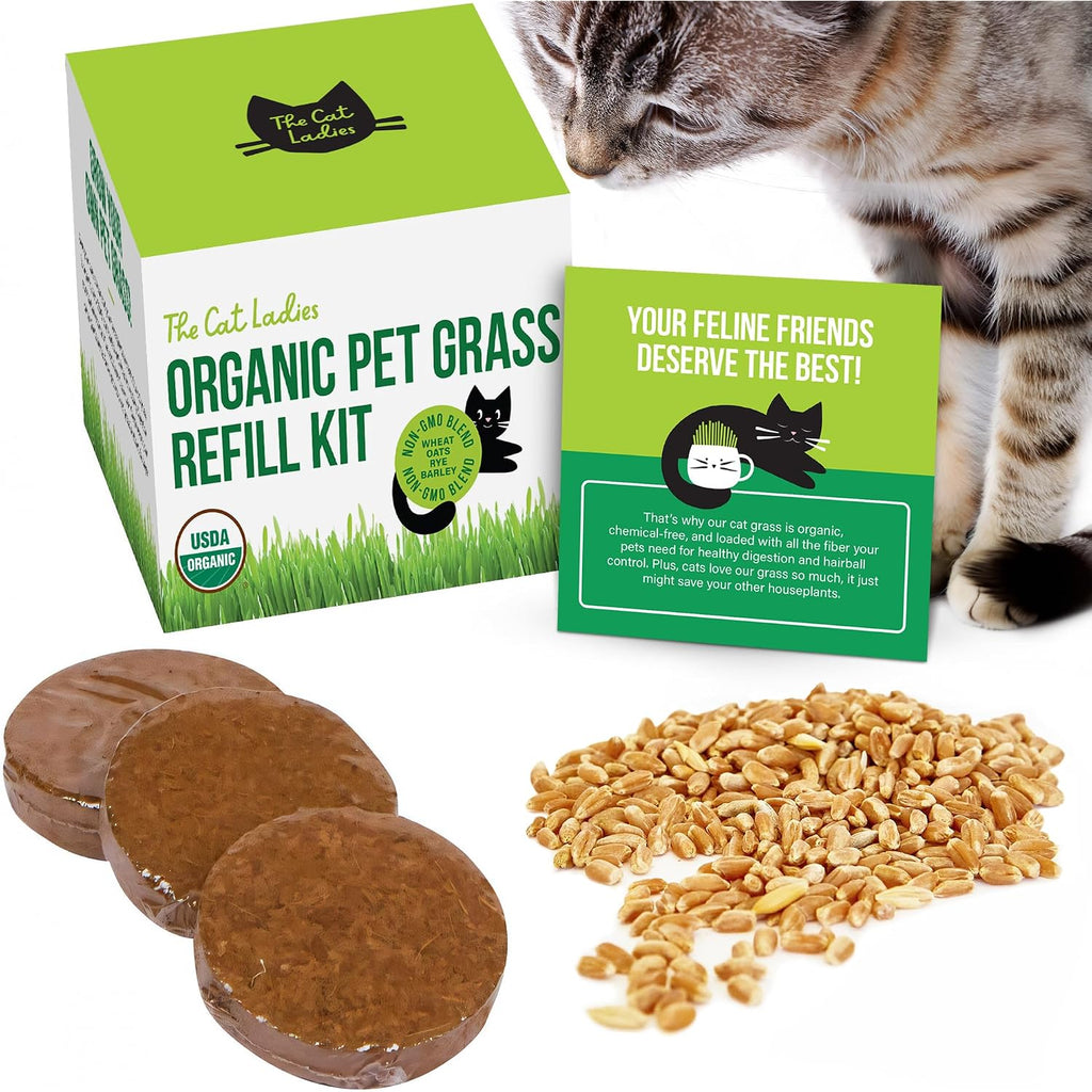 The Cat Ladies Cat Grass Refill Kit 100% Organic Cat Grass Seed And Coco Coir Soil Disks - 3 Pack