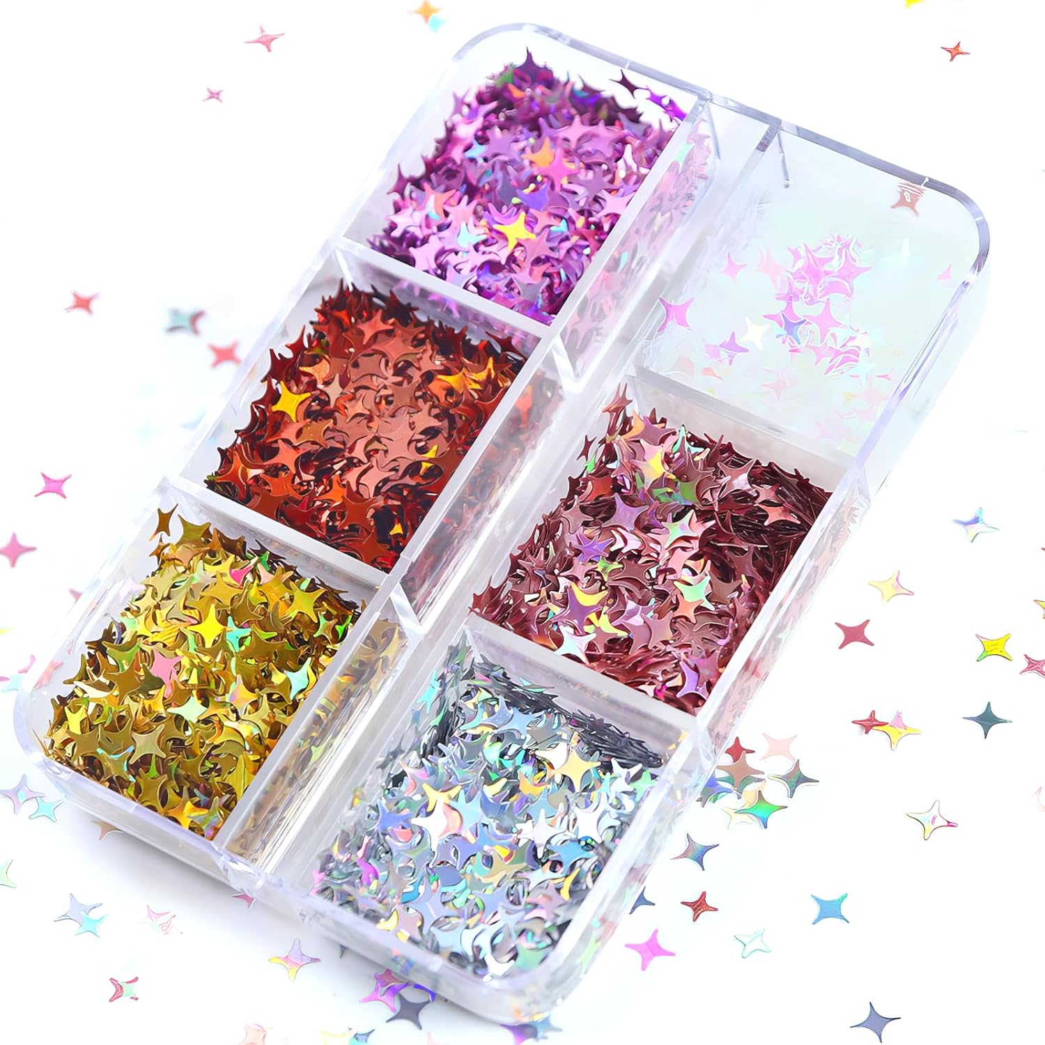 6 Grid Holographic Star Nail Glitter Set,3D Five-Pointed Star Sequins,Flakes for Nail Art, Independence Day Decor, DIY Crafts Holographic Sparkle Nail Decals for Women Girls Manicure Supplies