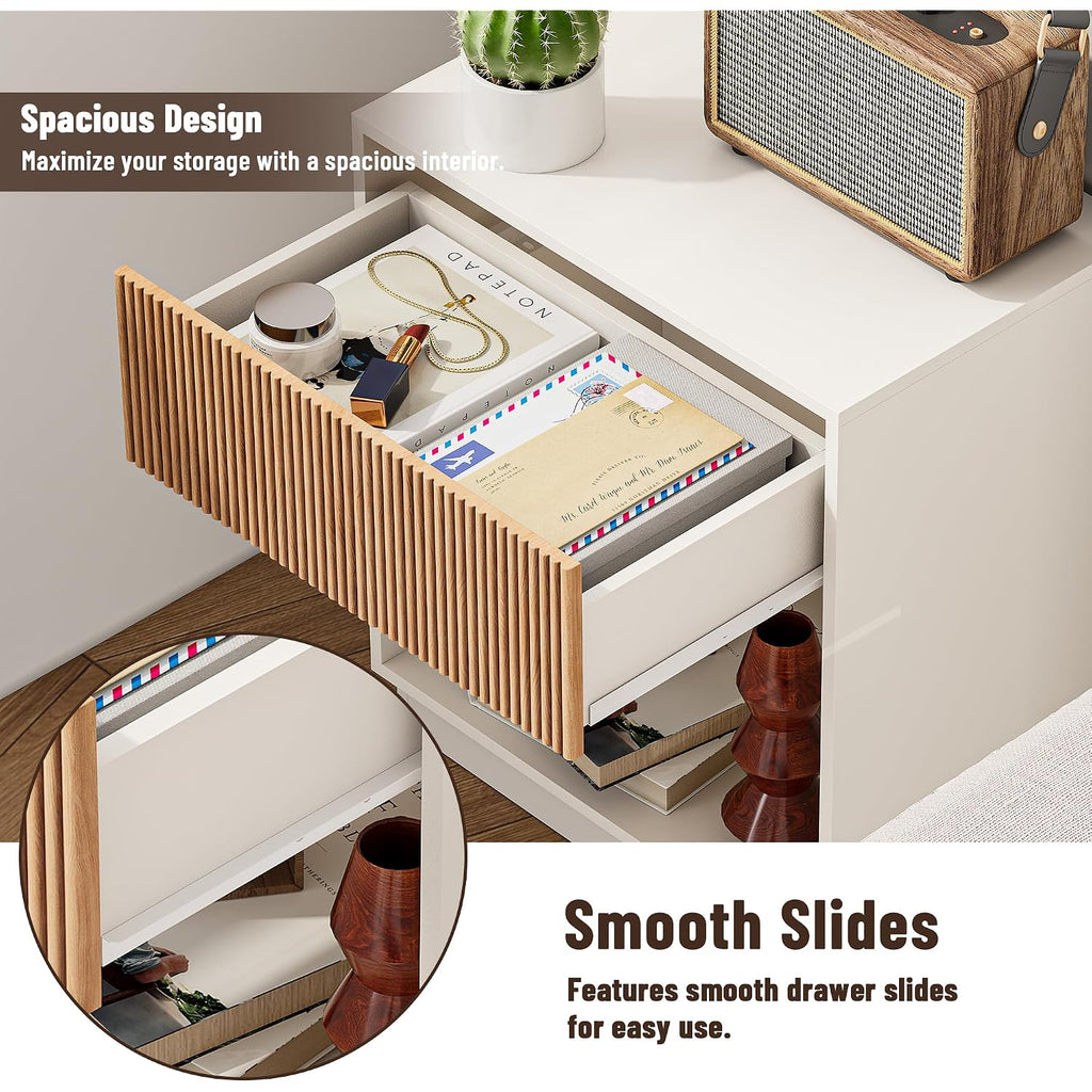 Fluted Nightstands Set Of 2, Modern Bedside Table With Drawer And Storage Shelf, Wood End Table Mid Century Night Stands For Bedroom Living Room Sofa Couch Office (White+Oak)
