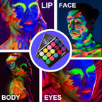 Uv Blacklight Face Paint,15 Bright Colors Neon Fluorescent Body Painting Palette,Water Activated Eyeliner,Water Based Makeup Glow In The Dark Halloween Washable For Kids Adult Body Paint