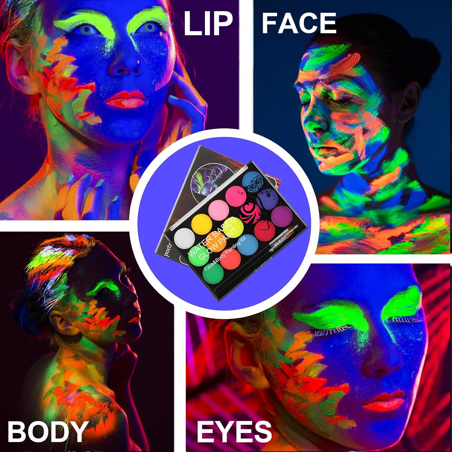 Uv Blacklight Face Paint,15 Bright Colors Neon Fluorescent Body Painting Palette,Water Activated Eyeliner,Water Based Makeup Glow In The Dark Halloween Washable For Kids Adult Body Paint