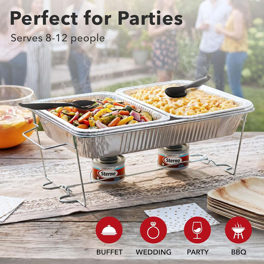 Sterno Disposable Complete Chafing Dish Buffet Set, 6-Hour Chafer Fuel Wick, Food Warmers, Warming Trays, Lids & Serving Utensils
