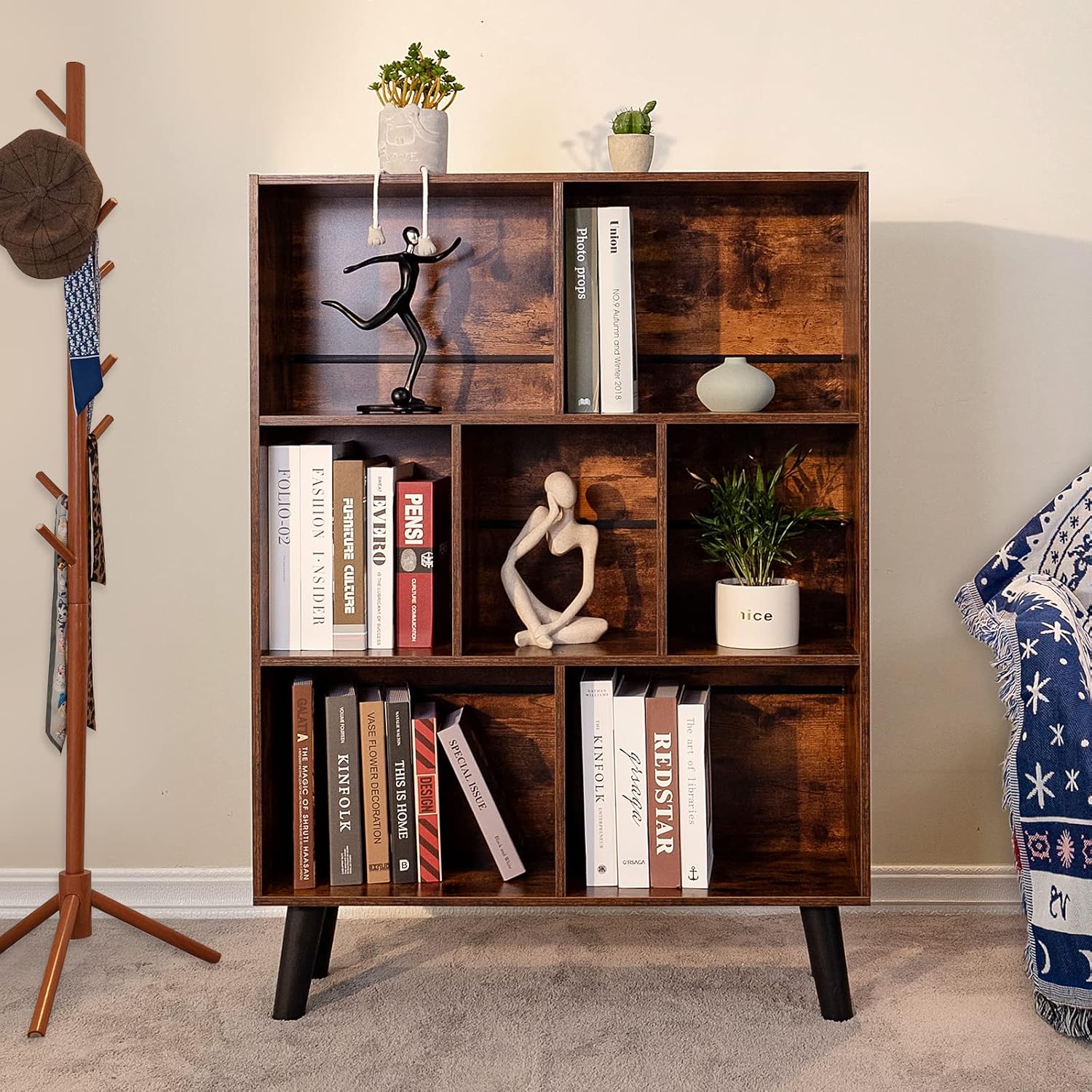 Leyaoyao Cube Bookshelf 3 Tier Mid-Century Rustic Brown Modern Bookcase With Legs,Retro Wood Bookshelves Storage Organizer Shelf,Freestanding Open Book Shelves For Bedroom,Living Room,Office