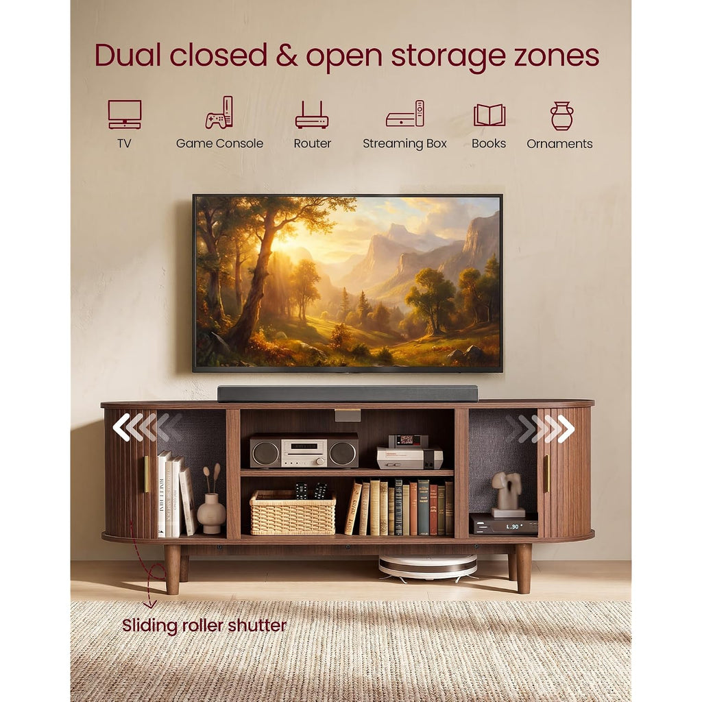 Vasagle Tv Stand For 65-Inch Tvs, Mid Century Entertainment Center With Storage, Fluted Sliding Doors, Media Console Table For Living Room, Bedroom, Chestnut Walnut Ultv633K101