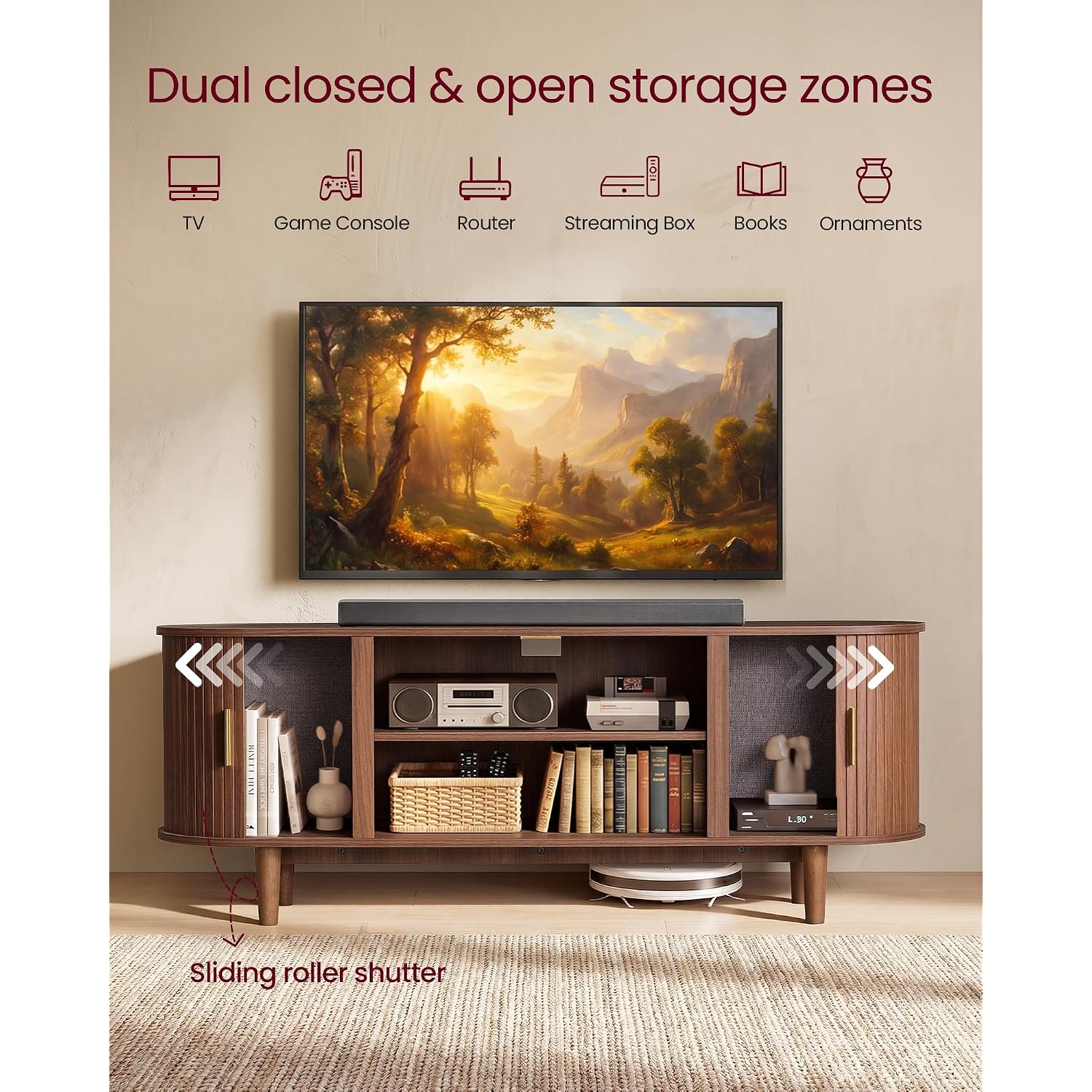 Vasagle Tv Stand For 65-Inch Tvs, Mid Century Entertainment Center With Storage, Fluted Sliding Doors, Media Console Table For Living Room, Bedroom, Chestnut Walnut Ultv633K101