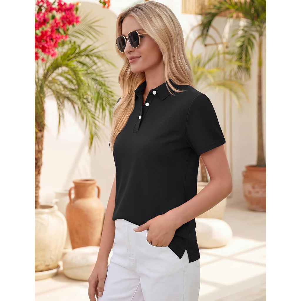 Women's Polo Shirts Short Sleeve V Neck Business Casual Tops Golf Collared 3 Buttons Summer Work Blouse