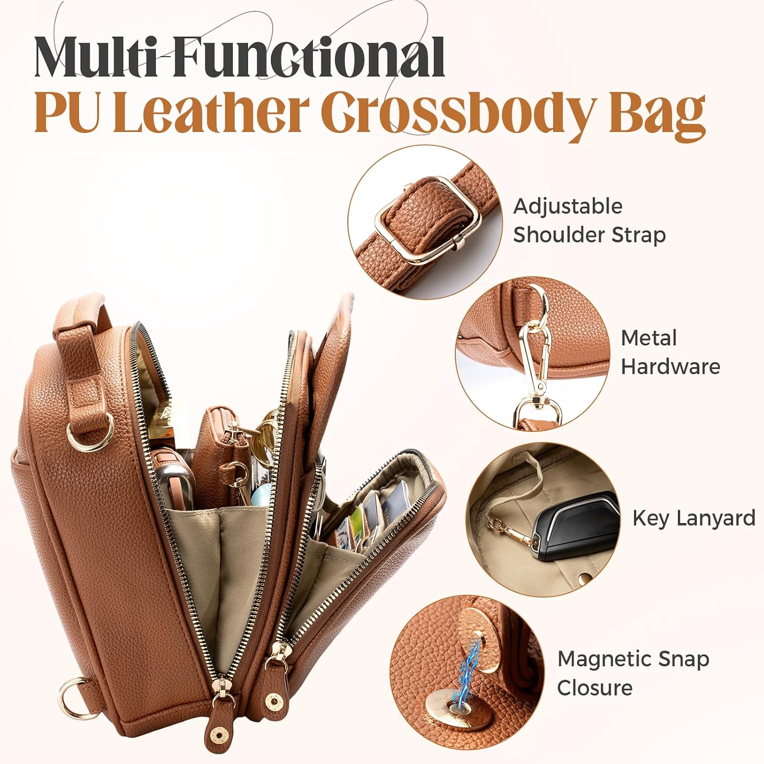 Vegan Leather Crossbody Bag For Women With 2 Straps, Small Messenger Bag With Anti Theft Zipper Pocket Vintage Shoulder Bag