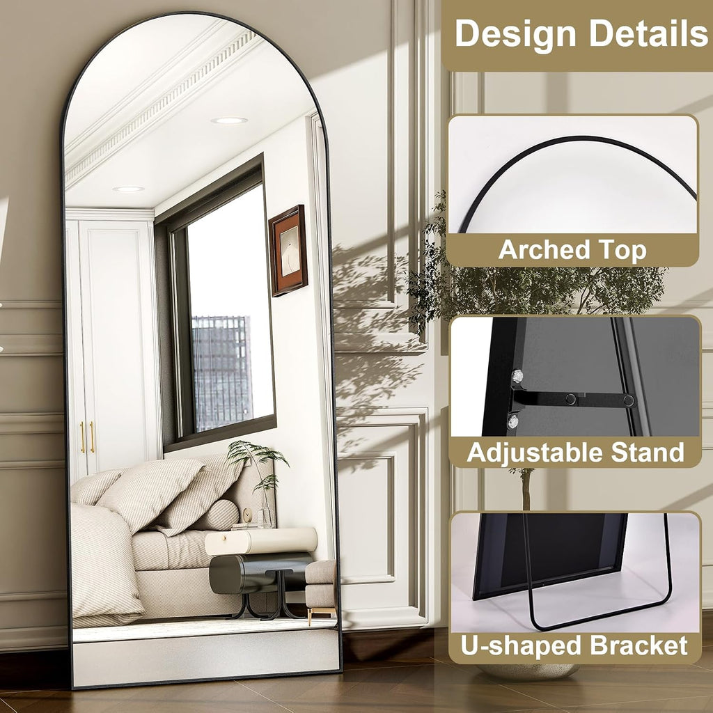 57" X 20" Arched Full Length Mirror - Wall Mounted/Floor Mirror Aluminum Alloy Frame Full Body Mirrors For Bathroom Living Room Bedroom And Entryway,Black