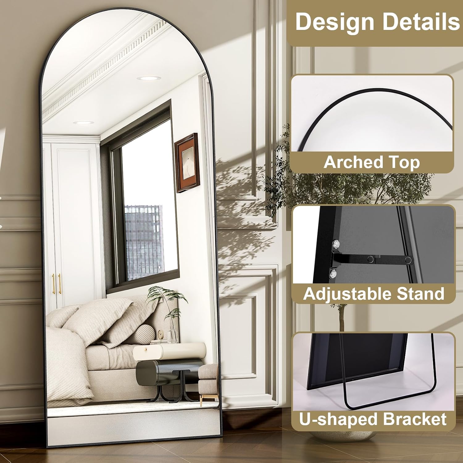 57" X 20" Arched Full Length Mirror - Wall Mounted/Floor Mirror Aluminum Alloy Frame Full Body Mirrors For Bathroom Living Room Bedroom And Entryway,Black