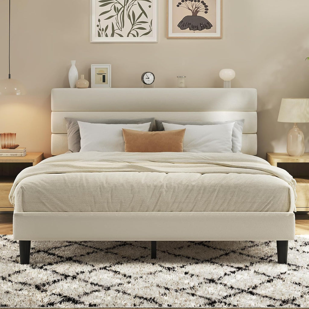 Queen Bed Frame, Platform Bed Frame With Velvet Upholstered Headboard, No Box Spring Needed, Sturdy Metal Support, Noise Free, Easy Assembly, Modern Bedroom Furniture, Beige