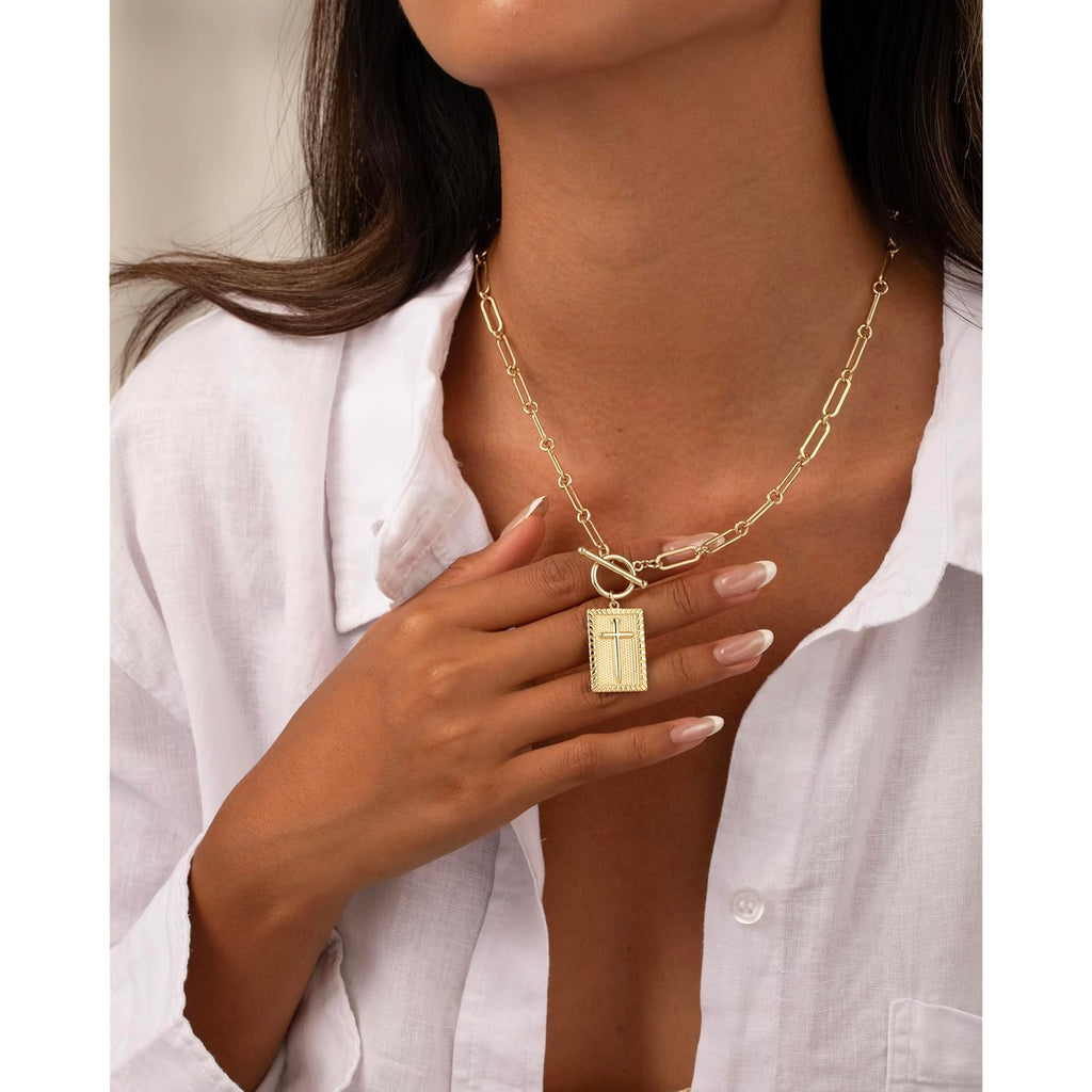 Robaice Valentines Day Gifts 14K Gold Plated and Silver Plated Cross Necklace for Women, Non-Tarnish Faith Jewelry with Toggle Clasp, Fashion Necklace Gifts for Women, Christian Faith, Communion, Birthday & Christmas