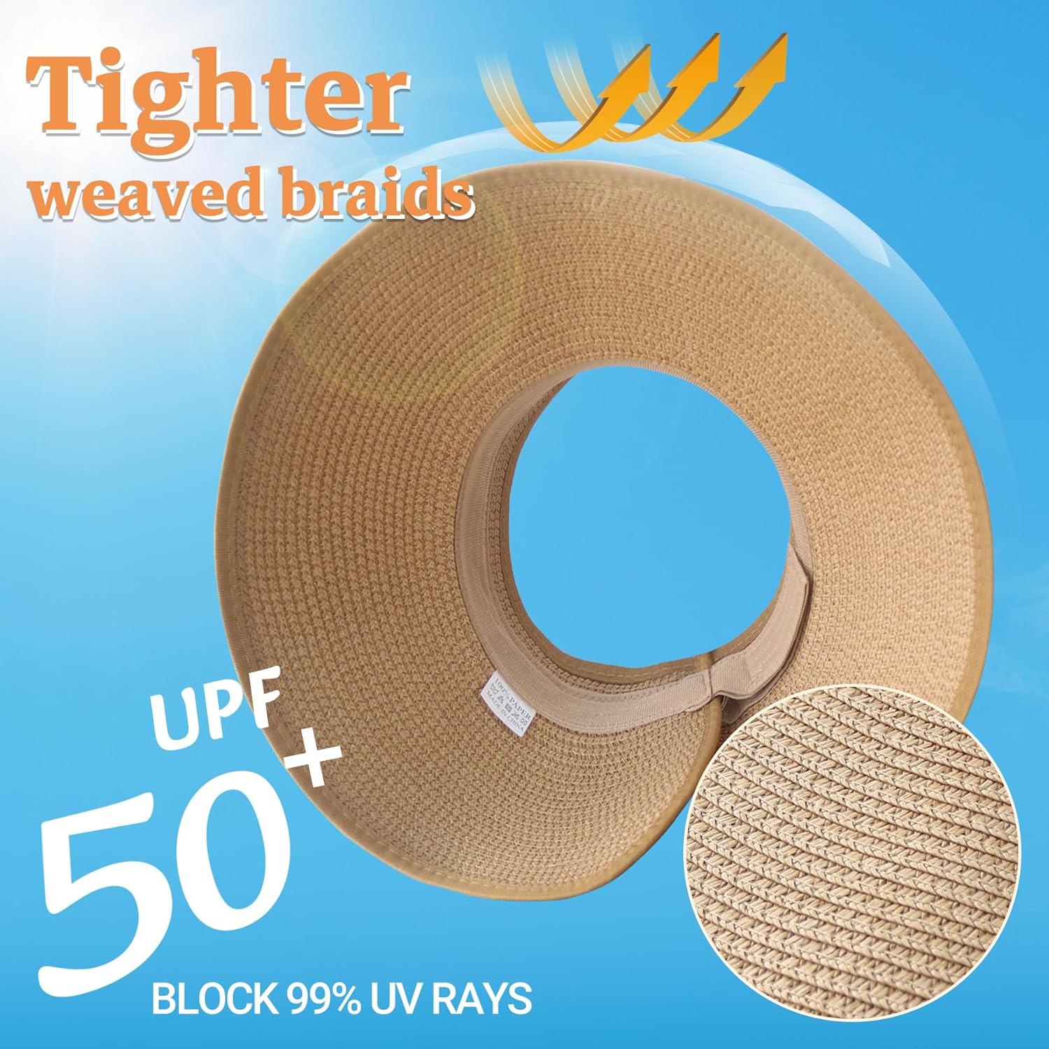 Sun Visor Hats for Women Straw Wide Brim Ponytail Beach Hat Packable Foldable UV Protection Travel Hats