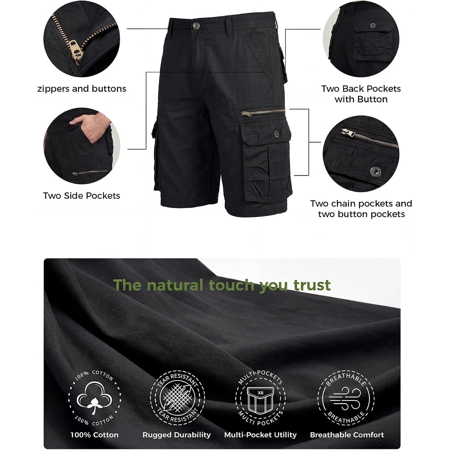 Mens Cargo Shorts Cotton Work Casual Shorts For Men With Multiple Pockets