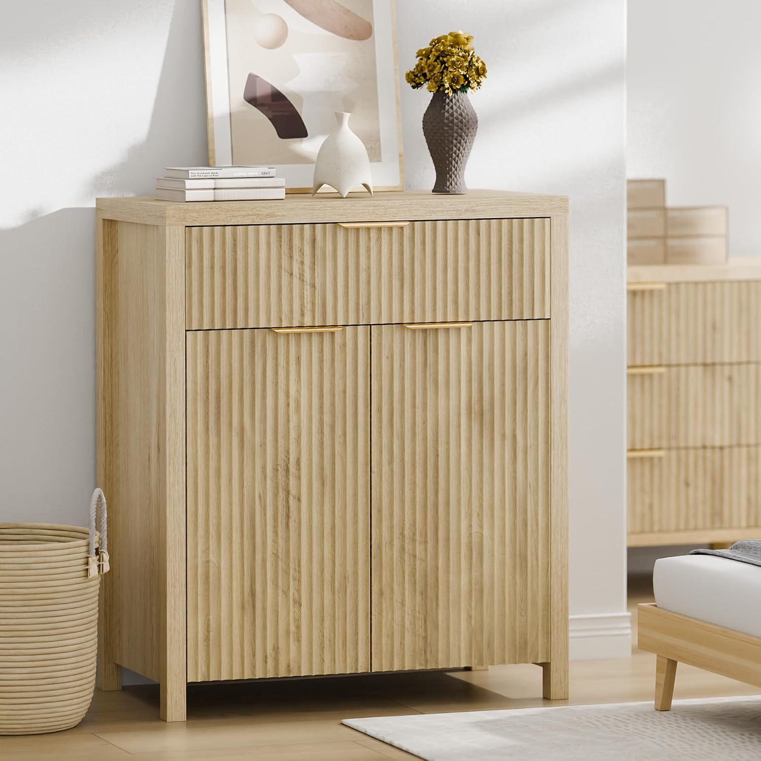 Fluted Buffet Cabinet For Kitchen, 28.3" Sideboard Cabinet Natural | Adjustable Shelves, Quiet Full-Extension Slides, Curved Metal Handle, Coffee Bar With Drawers For Dining Room, Entryway