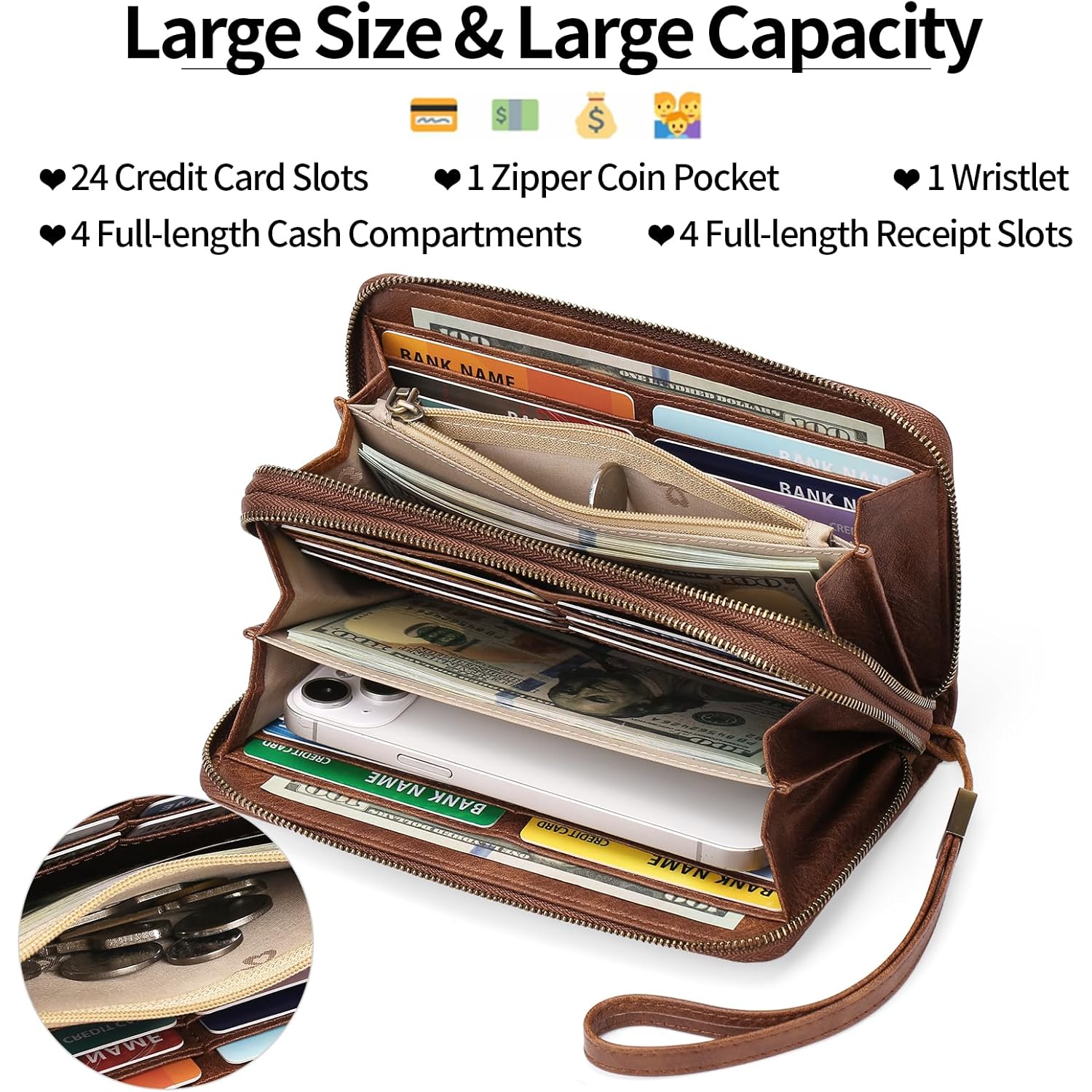 GAEKEAO Wallet for Women Clutch RFID Blocking Wristlet Leather Purse Large Capacity Credit Card Holder with Grip Hand Strap