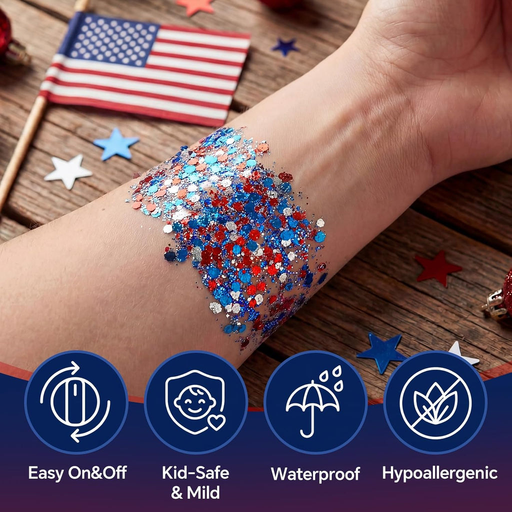 2PCS Red White and Blue Face Body Glitter Stick, 4th of July Accessories for Women, Sparkle Patriotic Pride Chunky 4th of July Hair Glitter Makeup for Independence Day Memorial Day Veterans Day