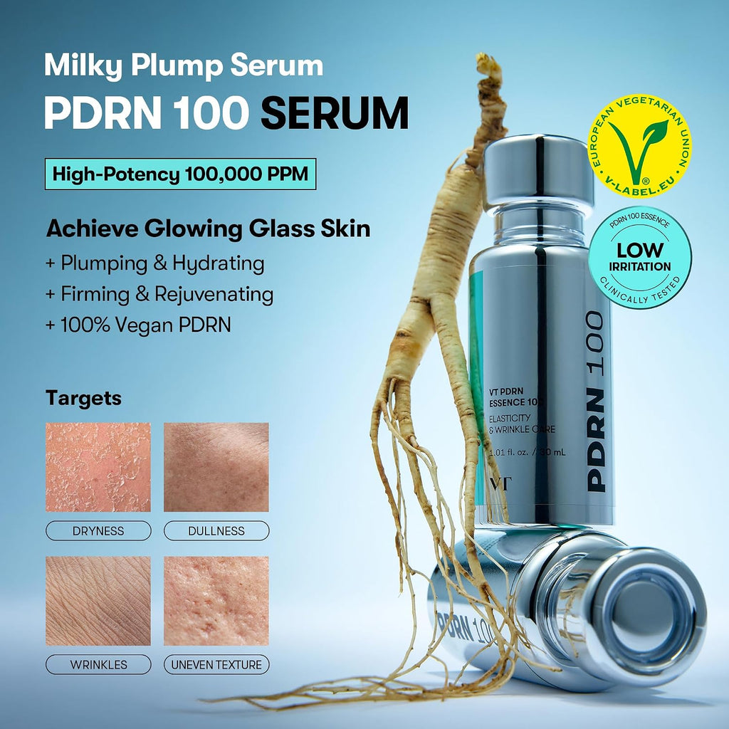 Vt Cosmetics Pdrn 100 Essence, Intensive Glow Serum, 100,000Ppm Vegan Pdrn, Skin Restoration & Plumping, Hydrating & Moisturizing, Firming, Fine Lines, Korean Skincare 1.01 Fl. Oz.