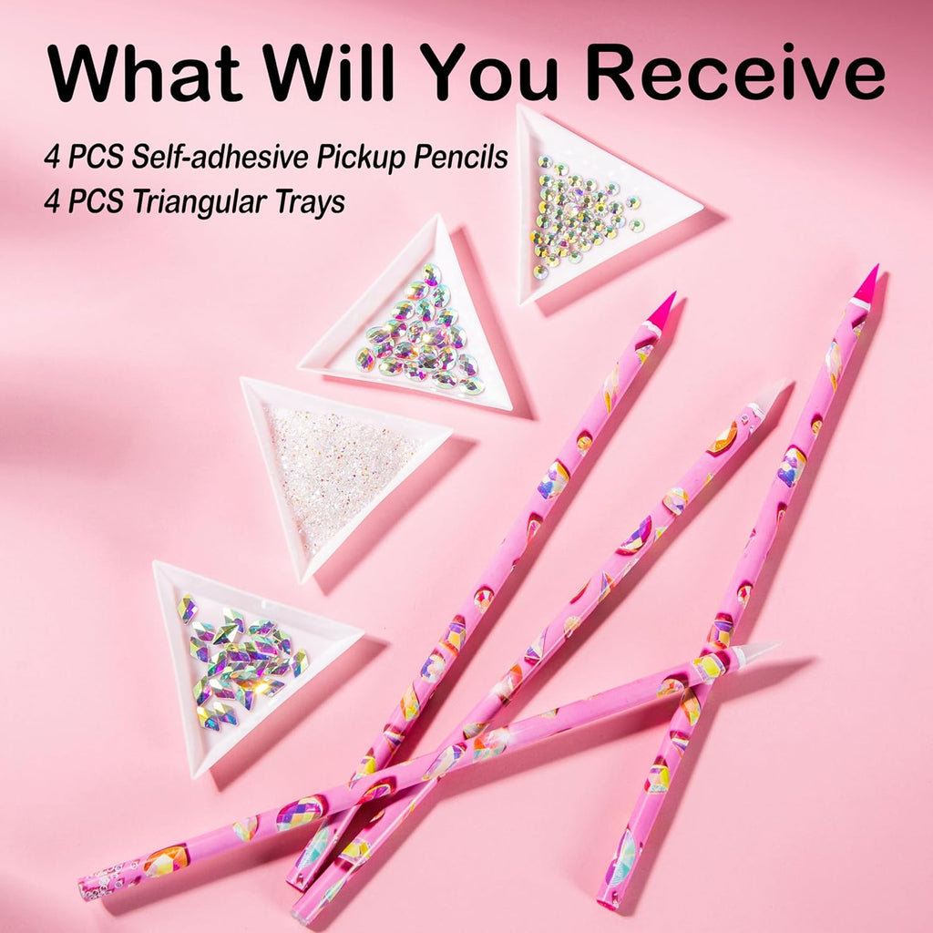 Haozher 8 Pcs Rhinestone Picker Tool Kit, Self-Adhesive Wax Pencil for Rhinestones and Diamond Painting, Gem Picker Tool Dotting Tools for Nail Art, 4 Wax Pen and 4 Rhinestone Trays rhinestone tools