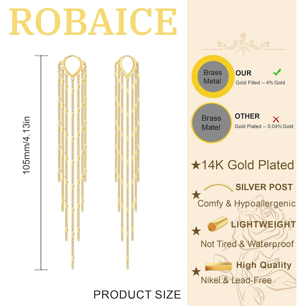 Robaice Gold Long Prom Earrings for Women, 14K Gold Plated Pearl Dangle Drop and Chain Tassel Threader Earrings Dangling，Rhinestone Zirconia Hypoallergenic Bride Party Prom Gold jewelry，Women Gifts