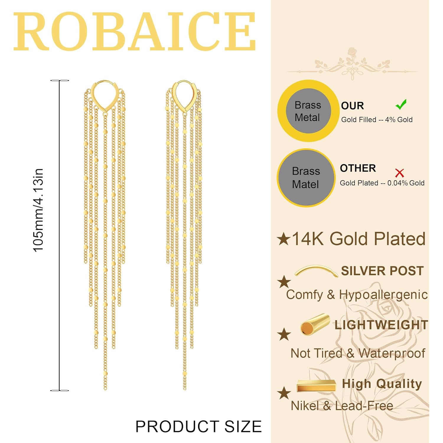 Robaice Gold Long Prom Earrings for Women, 14K Gold Plated Pearl Dangle Drop and Chain Tassel Threader Earrings Dangling，Rhinestone Zirconia Hypoallergenic Bride Party Prom Gold jewelry，Women Gifts