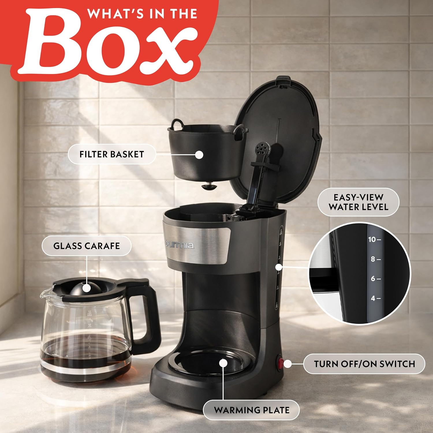 Gourmia 12 Cup One-Touch Coffee Maker – Pause And Serve With Automatic Keep Warm, Easy View Water Window, Compact Design, Stainless Steel Accents, Black