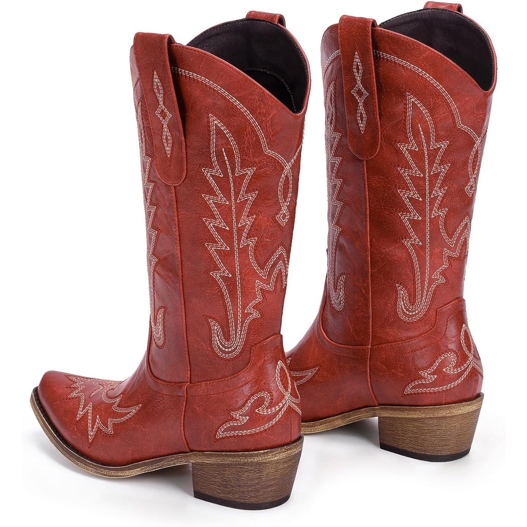 Cowboy Boots For Women - Cowgirl Boots With Embroidery, Chunky Heel Pointed Toe Pull-On Vintage Western Mid Calf Fashion Boots For Ladies