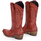 Cowboy Boots For Women - Cowgirl Boots With Embroidery, Chunky Heel Pointed Toe Pull-On Vintage Western Mid Calf Fashion Boots For Ladies