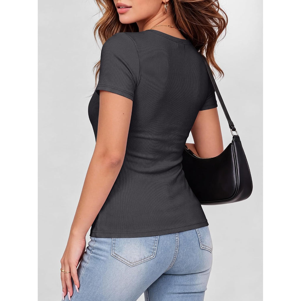 Anrabess Women Short Sleeve Tops Scoop Neck Ribbed Knit Slim Fitted Basic Tee Shirt Casual Summer Clothes 2026 Spring Outfits