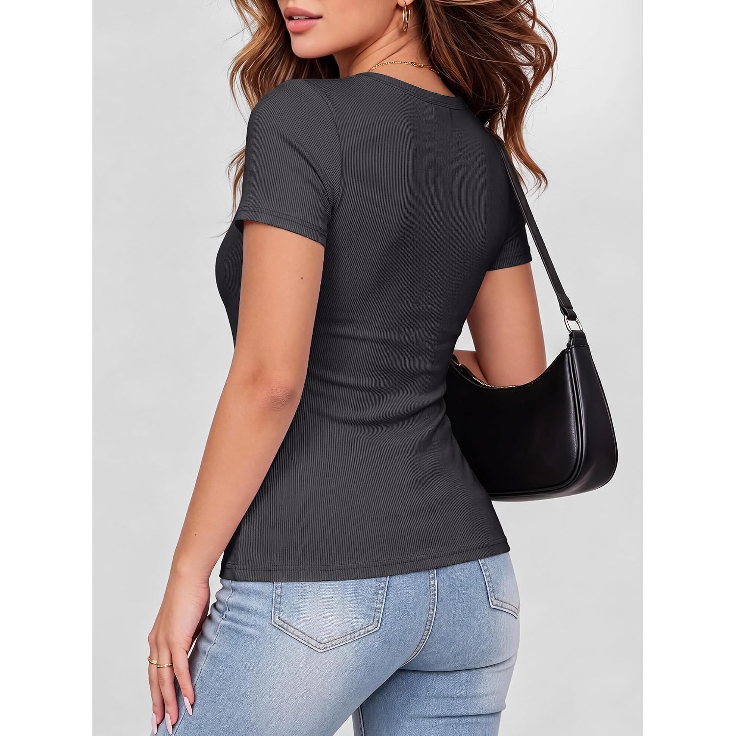 Anrabess Women Short Sleeve Tops Scoop Neck Ribbed Knit Slim Fitted Basic Tee Shirt Casual Summer Clothes 2026 Spring Outfits
