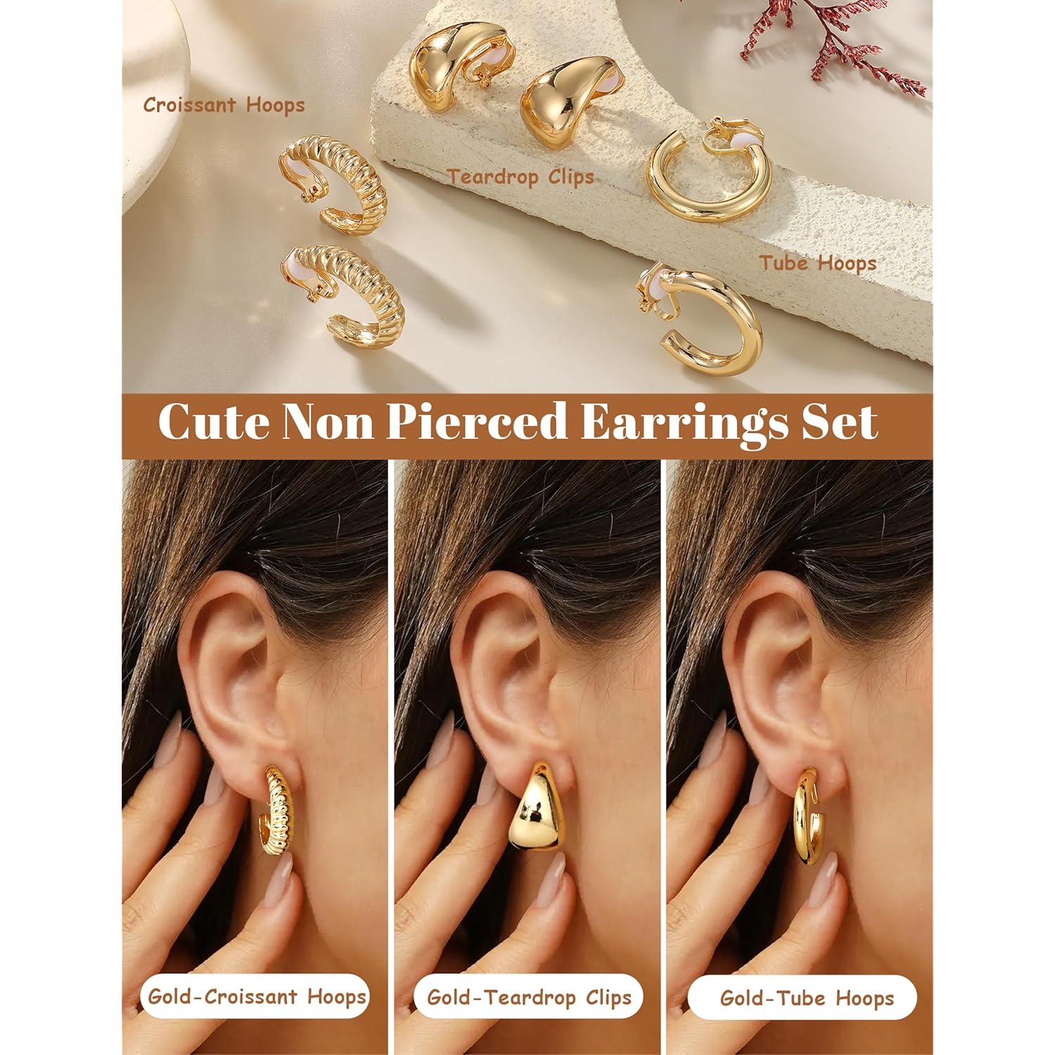 BESTEEL 3Pairs Clip on Earrings for Women Trendy Hypoallergenic 14K Gold Plated Chunky Tube Croissant Waterdrop Clip-on Hoop Earrings Set Fake Jewelry Non Pierced Ears