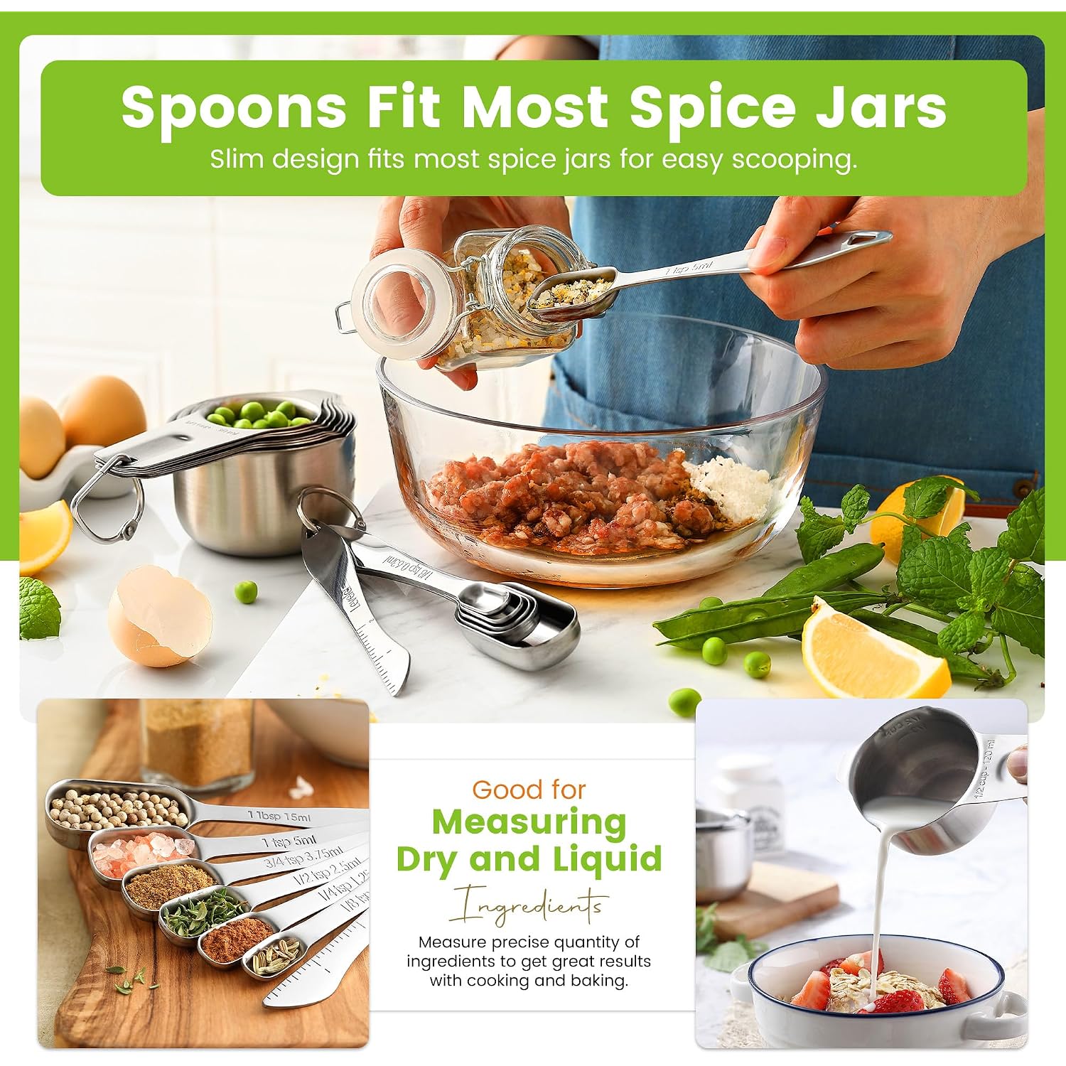 Spring Chef Stainless Steel Measuring Cups And Spoons Set Of 14 With Leveler, Nesting Kitchen Metal Measuring Cups And Spoons Set For Dry And Liquid Ingredients, Perfect For Cooking & Baking