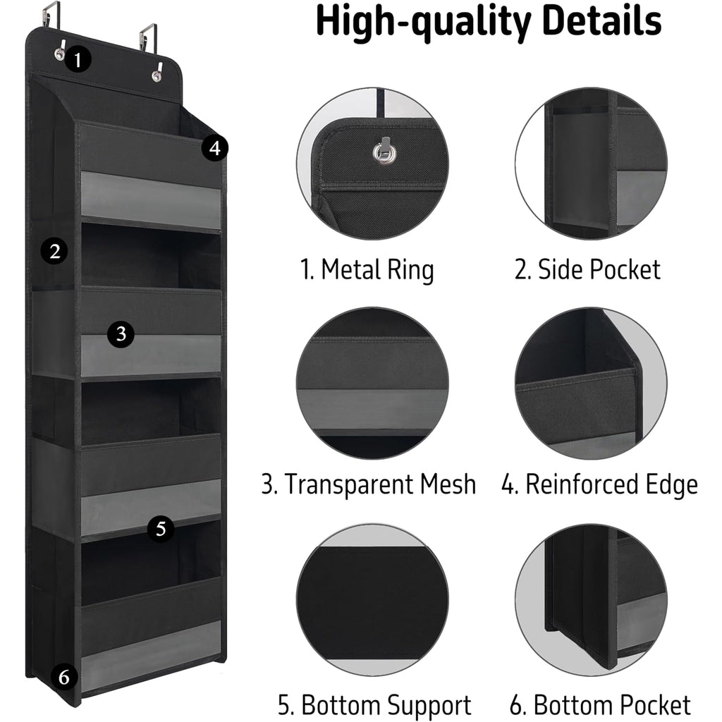 Tymensh Black Over Door Organizer With 4 Large Clear Pockets, Compact Black Hanging Door Storage For Closet, Bathroom, Bedroom, Dorm, Nursery, Toys, Cosmetics, Baby Essentials