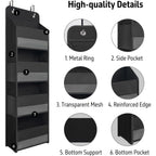 Tymensh Black Over Door Organizer With 4 Large Clear Pockets, Compact Black Hanging Door Storage For Closet, Bathroom, Bedroom, Dorm, Nursery, Toys, Cosmetics, Baby Essentials