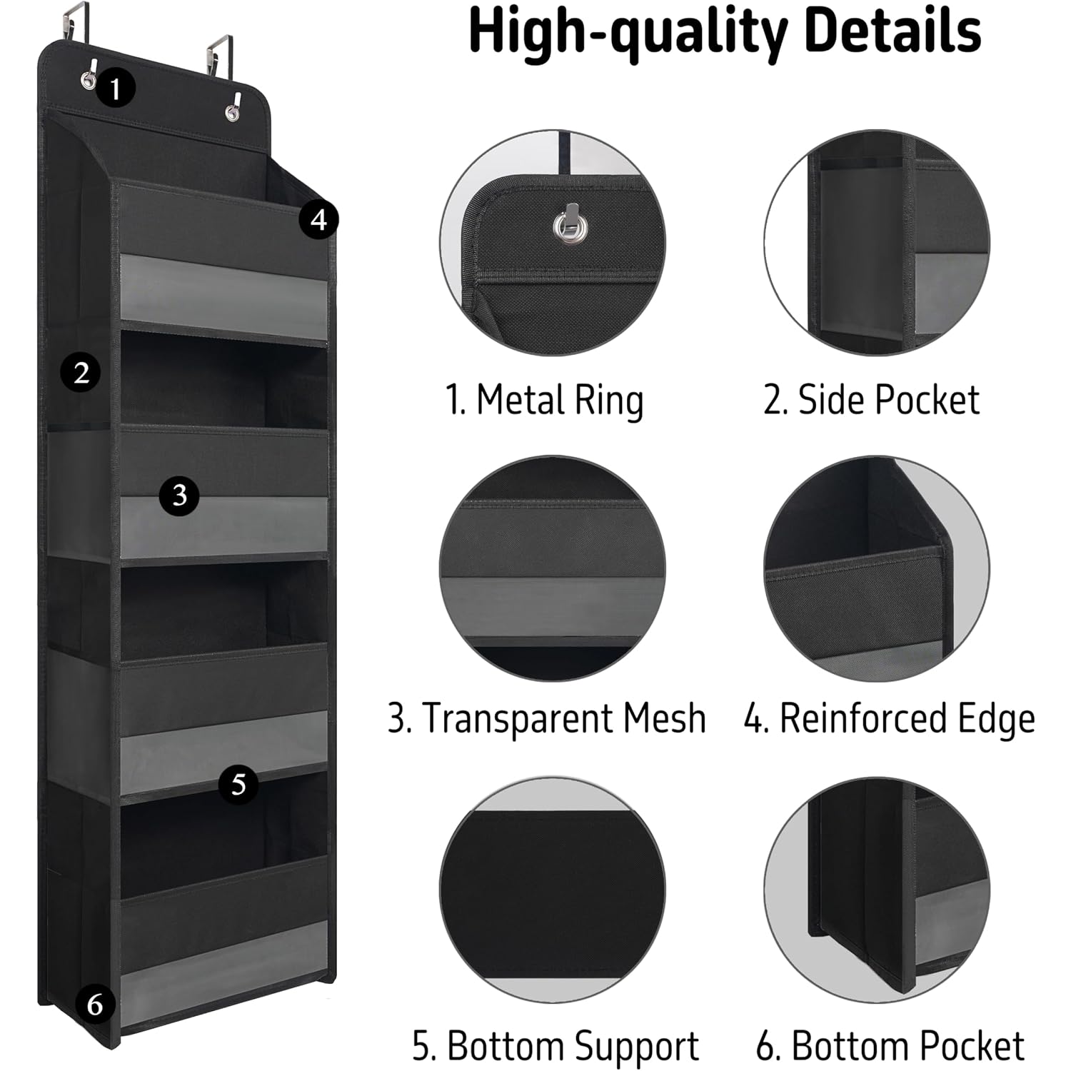 Tymensh Black Over Door Organizer With 4 Large Clear Pockets, Compact Black Hanging Door Storage For Closet, Bathroom, Bedroom, Dorm, Nursery, Toys, Cosmetics, Baby Essentials