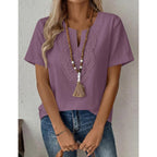 Lomon Womens Short Sleeve Tops Cotton Linen Shirts Loose Casual V Neck Lace Blouses Summer Vacation Clothes