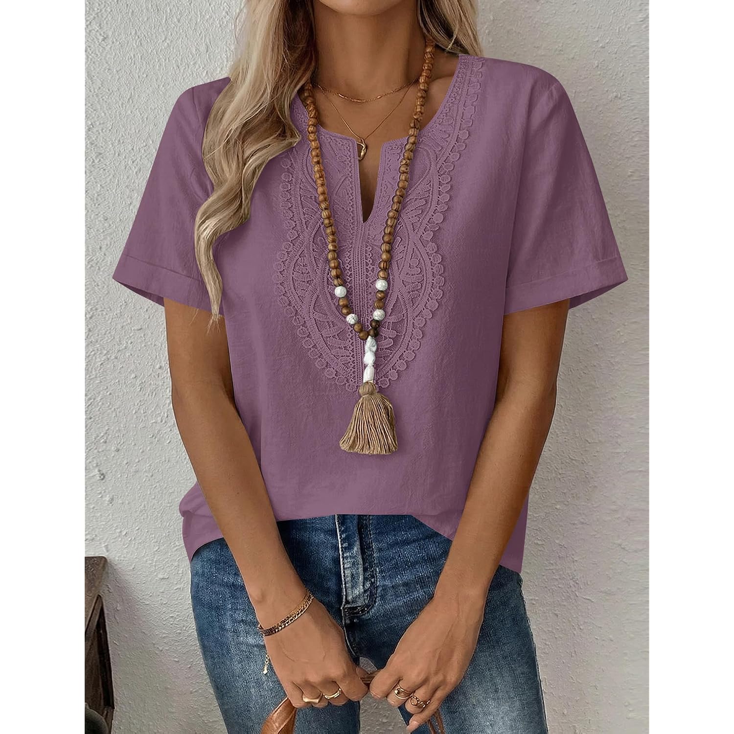 Lomon Womens Short Sleeve Tops Cotton Linen Shirts Loose Casual V Neck Lace Blouses Summer Vacation Clothes