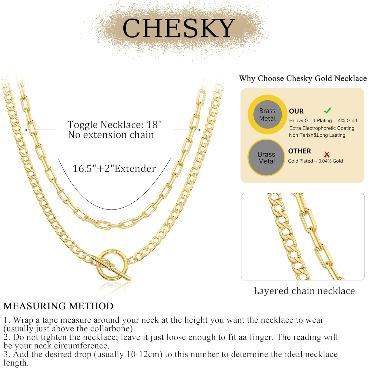 CHESKY Layered Necklaces for Women, 14K Gold Plated Chain Necklace Women Trendy Cuban Link Paperclip Chain Toggle Clasp Necklace Fashion Chunky Jewelry for Women