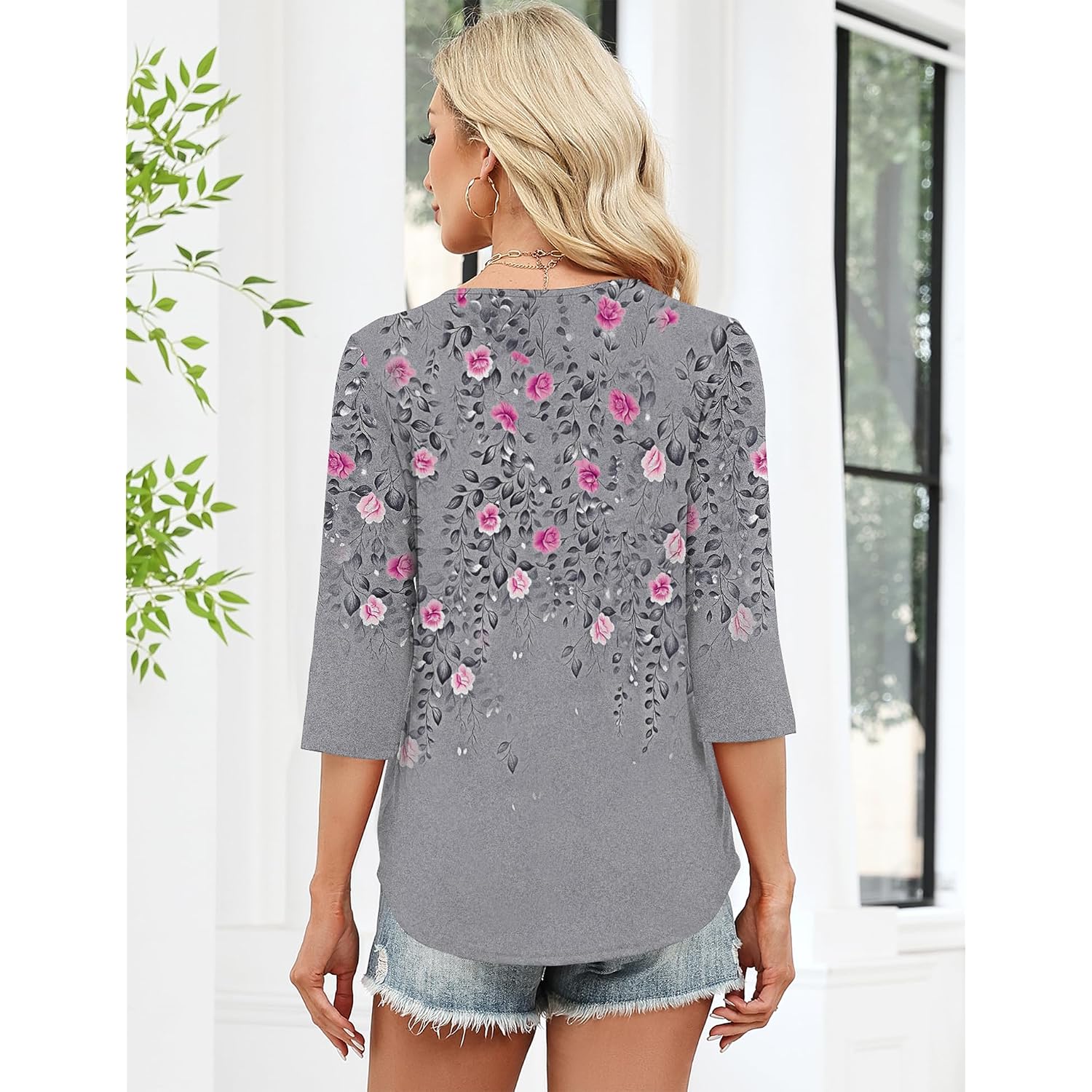 Lomon 3/4 Length Sleeve Womens Tops Dressy Casual Henley V Neck Blouses Loose Fit Tunics 2026 Trendy Summer Outfits