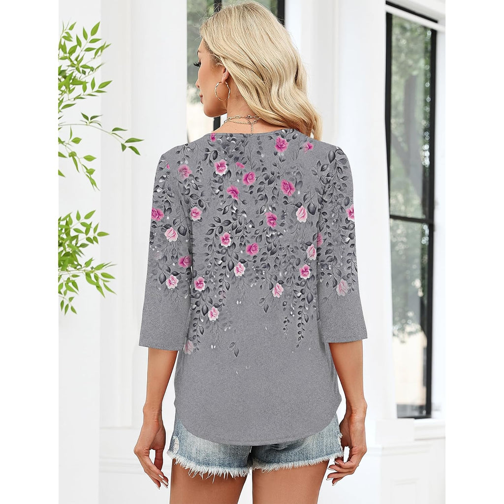 Lomon 3/4 Length Sleeve Womens Tops Dressy Casual Henley V Neck Blouses Loose Fit Tunics 2026 Trendy Summer Outfits