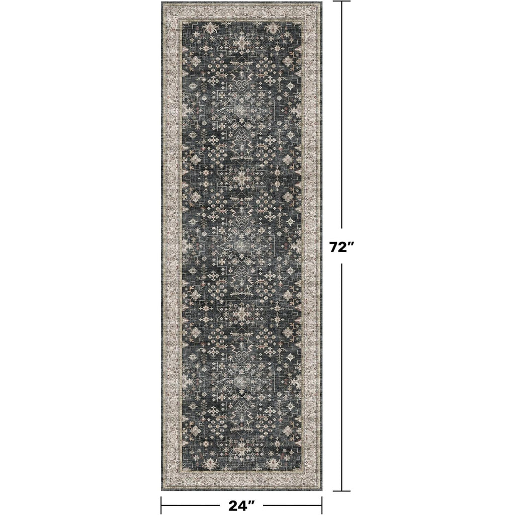 Black Boho Washable 2x6 Runner Rugs for Hallway Kitchen Bedroom Beside Laundry Room Bathroom Rug, Pet & Kids Friendly, Non Slip Low Pile Stain Resistant Soft Foldable Long 24 x 72 Floor Carpet