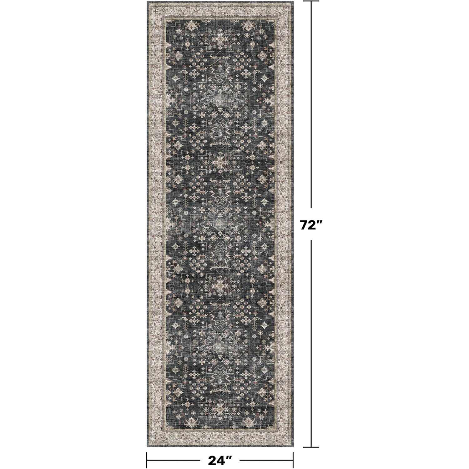 Black Boho Washable 2x6 Runner Rugs for Hallway Kitchen Bedroom Beside Laundry Room Bathroom Rug, Pet & Kids Friendly, Non Slip Low Pile Stain Resistant Soft Foldable Long 24 x 72 Floor Carpet