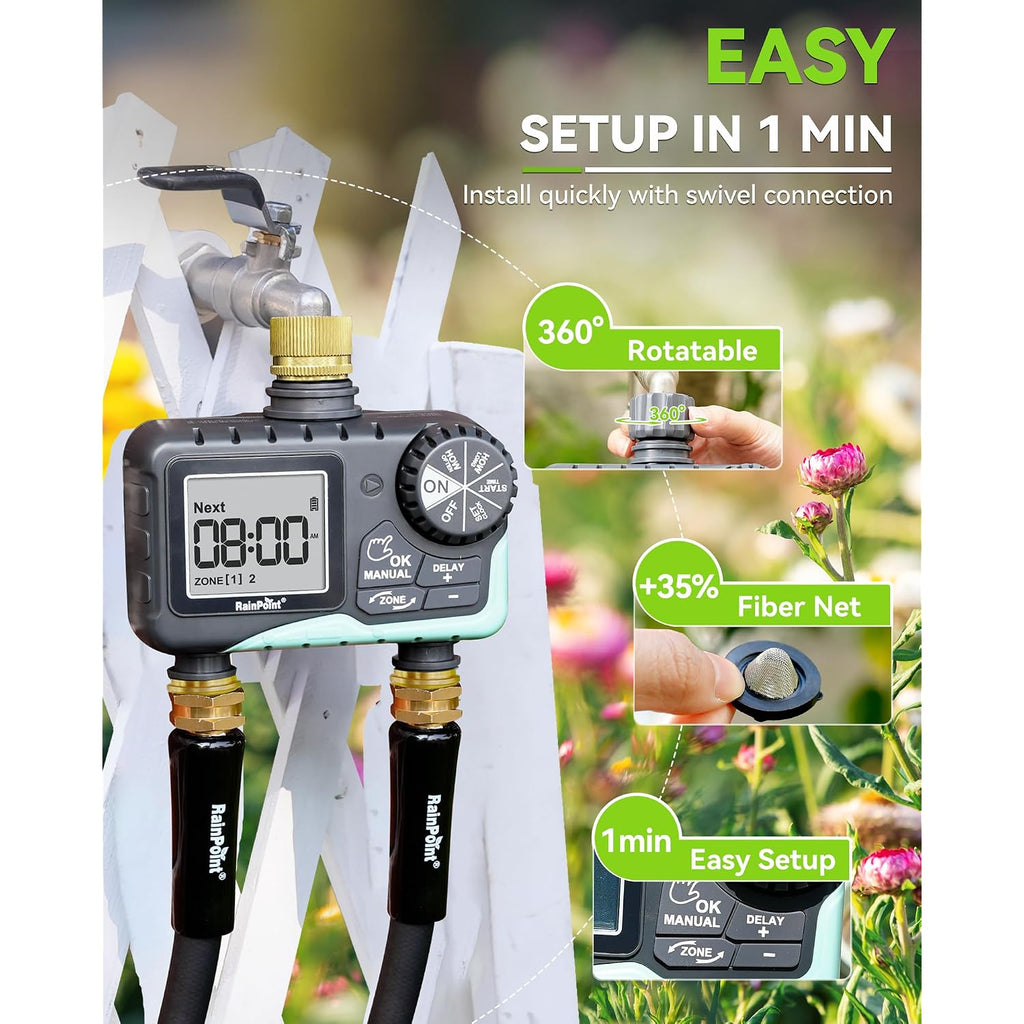 Rainpoint 2 Zone Sprinkler Timer With Brass Inlet And Outlet - Water Timer For Garden Hose With Rain Delay/Manual Watering/Automatic Irrigation Controller System For Yard Lawn Garden(Blue)