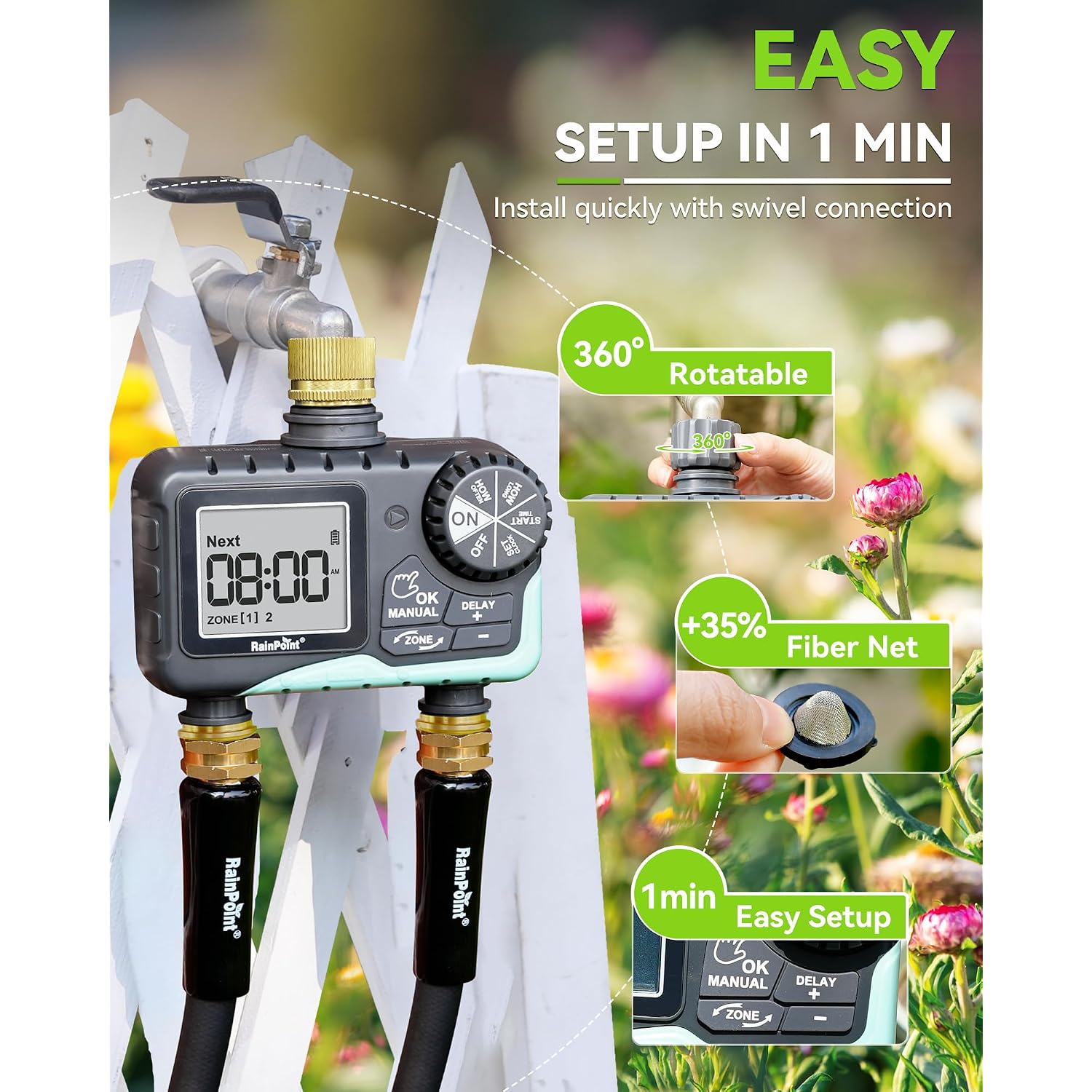 Rainpoint 2 Zone Sprinkler Timer With Brass Inlet And Outlet - Water Timer For Garden Hose With Rain Delay/Manual Watering/Automatic Irrigation Controller System For Yard Lawn Garden(Blue)